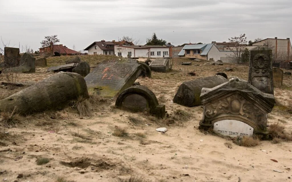 Fallen and broken matzeivos at Karczew Jewish cemetery in Poland